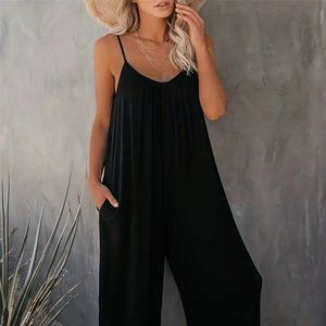 Black Boho Spaghetti Strap Ruched Jumpsuit for Women - Size XXL (14)
